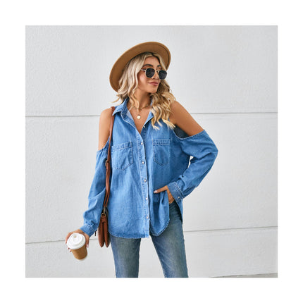 Women's Long Sleeve V Neck Loose Button Down Denim Shirt Tops