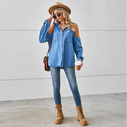 Women's Long Sleeve V Neck Loose Button Down Denim Shirt Tops