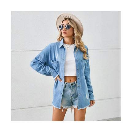 Women's Long Sleeve Ripped Loose Button Down Denim Shirt Tops