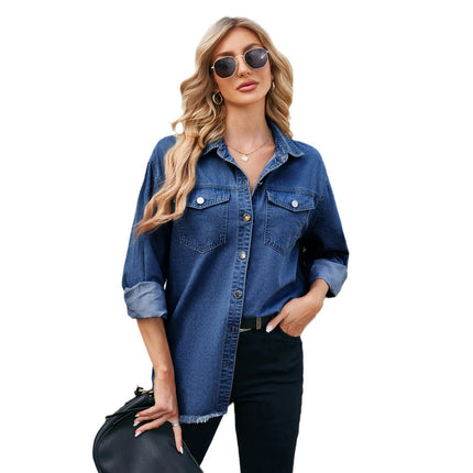 Women's Casual Jean Shirts Long Sleeve Button Down Frayed Hem Denim Shirt Tops