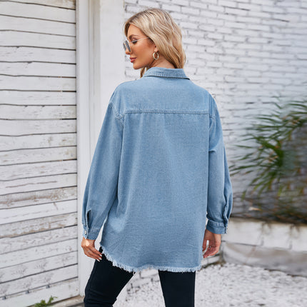 Women's Casual Jean Shirts Long Sleeve Button Down Frayed Hem Denim Shirt Tops