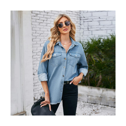 Women's Casual Jean Shirts Long Sleeve Button Down Frayed Hem Denim Shirt Tops