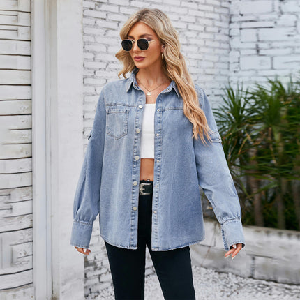 Womens Denim Shirt Button Down Long Sleeve V Neck Casual Jean Shirts Top