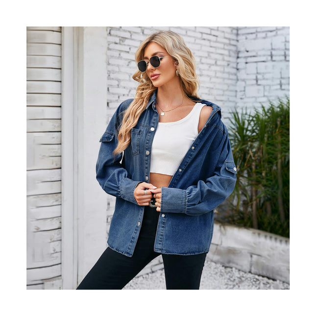 Womens Denim Shirt Button Down Long Sleeve V Neck Casual Jean Shirts Top