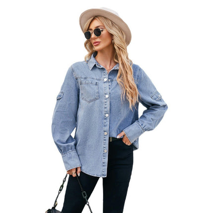 Womens Denim Shirt Button Down Long Sleeve V Neck Casual Jean Shirts Top