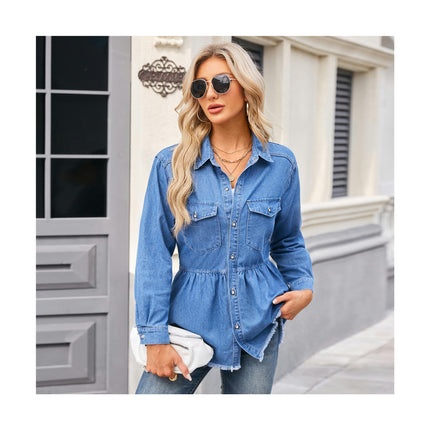 Women Denim Shirts Button Down Blouse Long Sleeve V Neck Casual Shirts Tops