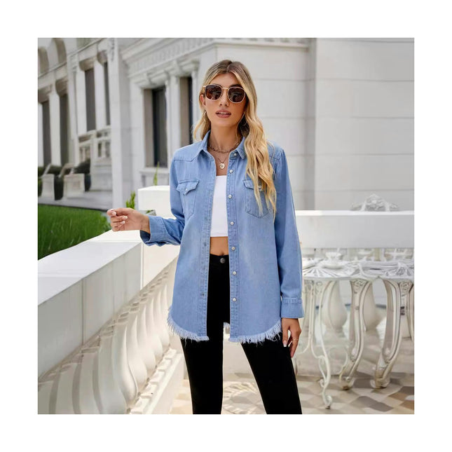 Women Denim Shirt Collared Jean Shirts Long Sleeve Pocket Button Down Blouses