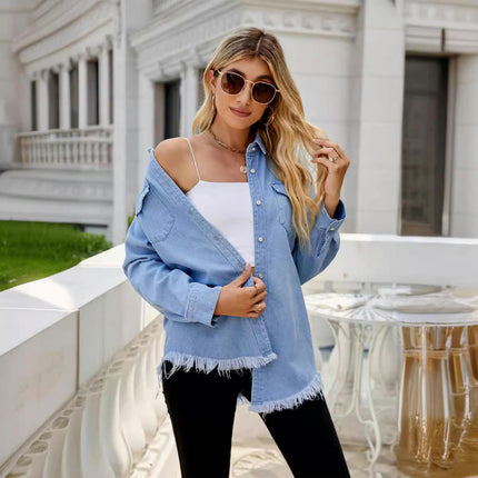 Women Denim Shirt Collared Jean Shirts Long Sleeve Pocket Button Down Blouses