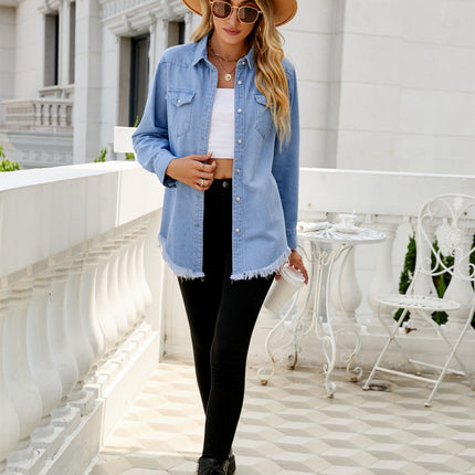 Women Denim Shirt Collared Jean Shirts Long Sleeve Pocket Button Down Blouses