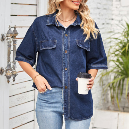 Women's Casual Denim Shirt Button Down V Neck Short Sleeve Blouse Top