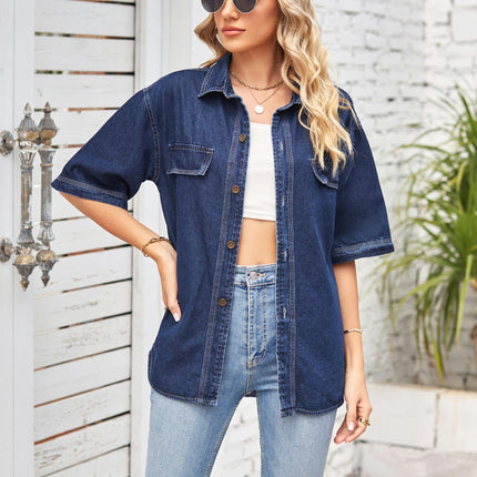 Women's Casual Denim Shirt Button Down V Neck Short Sleeve Blouse Top