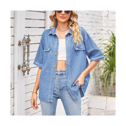 Women's Casual Denim Shirt Button Down V Neck Short Sleeve Blouse Top