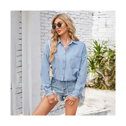 Women's Button Up Denim Shirts Long Sleeve Casual Collared Jean Blouse