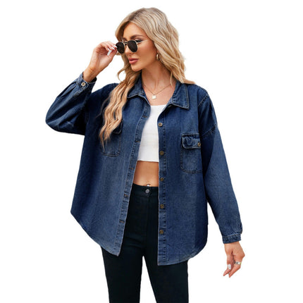 Women Button Down Shirt Collared Long Sleeve Denim Shirt with Pockets