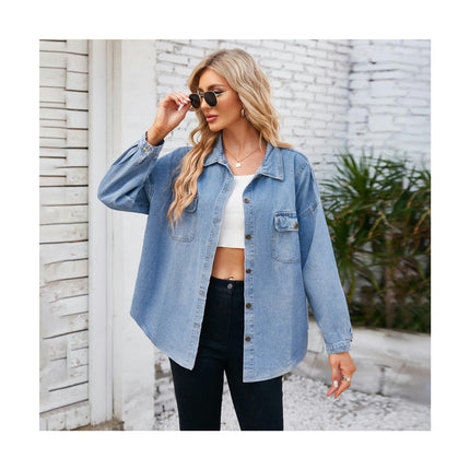 Women Button Down Shirt Collared Long Sleeve Denim Shirt with Pockets