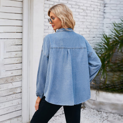 Women Button Down Shirt Collared Long Sleeve Denim Shirt with Pockets