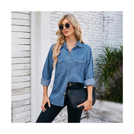 Women Long Sleeve Denim Shirt Button Down Jean Shirts Casual Blouse Top