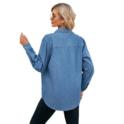 Women Long Sleeve Denim Shirt Button Down Jean Shirts Casual Blouse Top