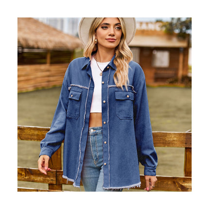 Women Collared Denim Shirt Long Sleeve Pocket Button Down Jean Shirts