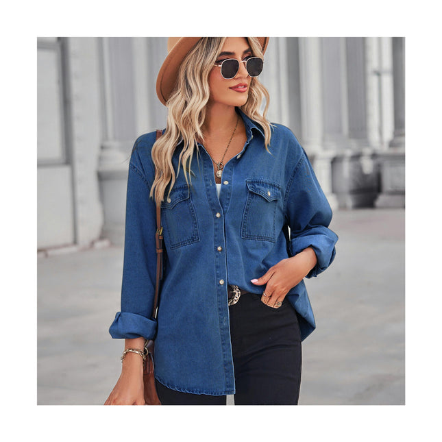 Women's Button Down Denim Shirt Long Sleeve V Neck Casual Jean Blouse