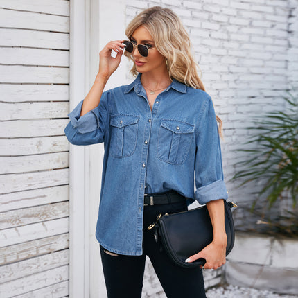 Women Long Sleeve Denim Shirt Button Down Jean Shirts Casual Blouse Top