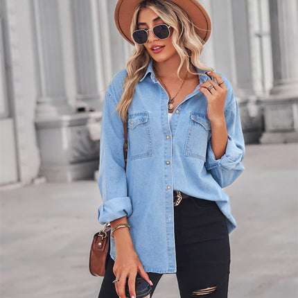 Women's Button Down Denim Shirt Long Sleeve V Neck Casual Jean Blouse