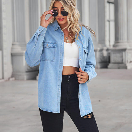 Women's Button Down Denim Shirt Long Sleeve V Neck Casual Jean Blouse