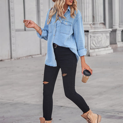 Women's Button Down Denim Shirt Long Sleeve V Neck Casual Jean Blouse