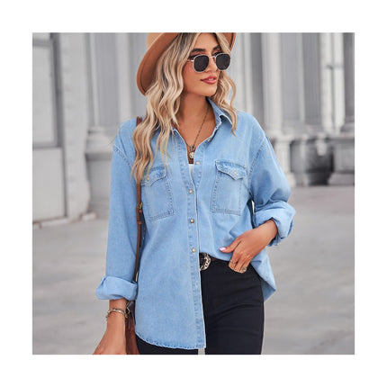 Women's Button Down Denim Shirt Long Sleeve V Neck Casual Jean Blouse