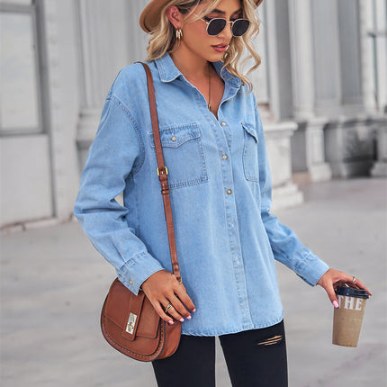 Women's Button Down Denim Shirt Long Sleeve V Neck Casual Jean Blouse