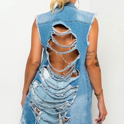 Women's Distressed Ripped Sleeveless Mid Long Denim Jacket Jean Vest Cardigan Coats