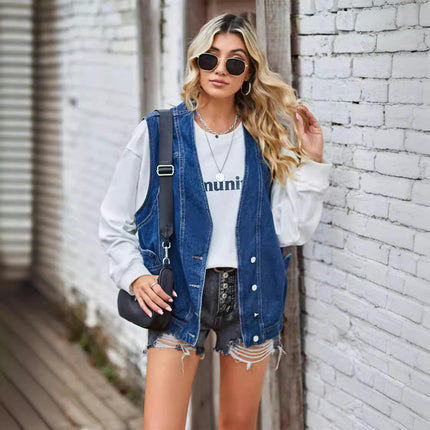 Denim Vest for Women Casual Button Down Sleeveless Jean Vest Jacket with Pockets