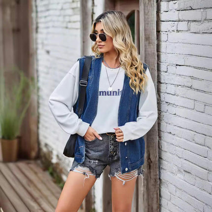 Denim Vest for Women Casual Button Down Sleeveless Jean Vest Jacket with Pockets