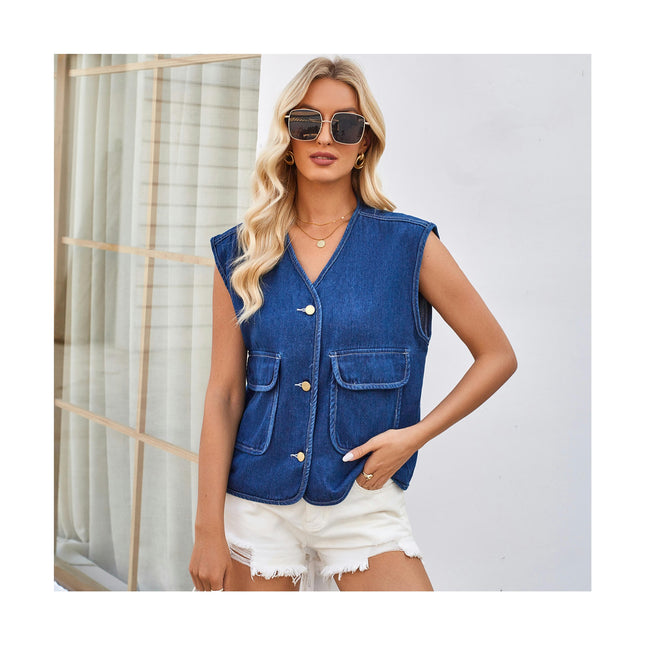 Denim Vest for Women Casual V Neck Button Down Sleeveless Jean Jacket