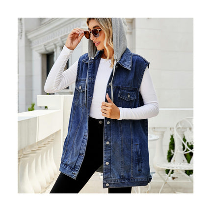 Women's Denim Vest Lapel Sleeveless Button Down Jean Jacket