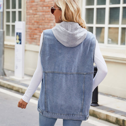 Women's Oversized Denim Vest Mid Long Sleeveless Jean Jacket with Pockets