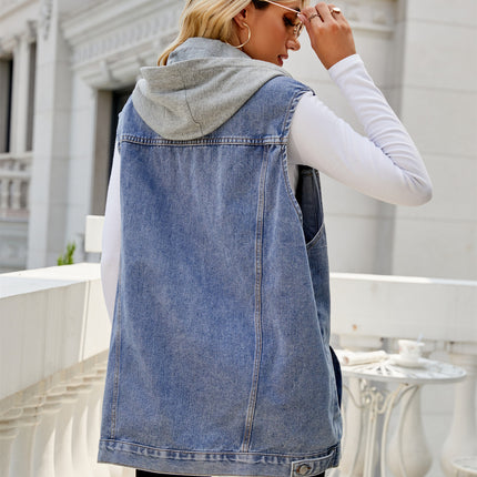 Women's Denim Vest Lapel Sleeveless Button Down Jean Jacket