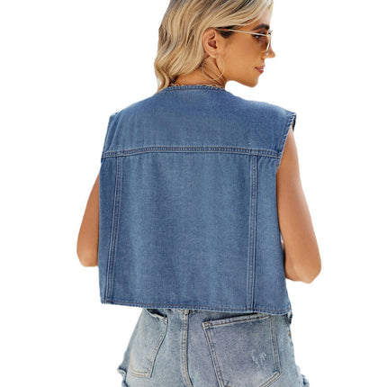 Women's Sleeveless Denim Vest V Neck Button Down Jean Jacket