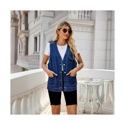 Women's Sleeveless Denim Vest V Neck Button Down Jean Jacket with Pockets