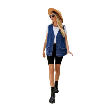 Women's Sleeveless Denim Vest V Neck Button Down Jean Jacket with Pockets