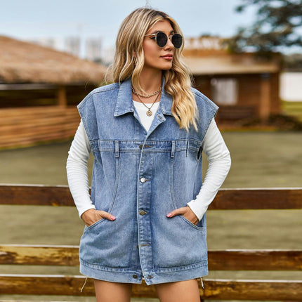 Women's Oversized Denim Vest Sleeveless Button Down Jean Jacket with Pockets