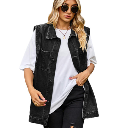 Women's Denim Vest Oversized Sleeveless Jean Jacket Button Down Casual Waistcoat