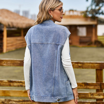 Women's Oversized Denim Vest Sleeveless Button Down Jean Jacket with Pockets