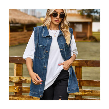 Women's Denim Vest Oversized Sleeveless Jean Jacket Button Down Casual Waistcoat