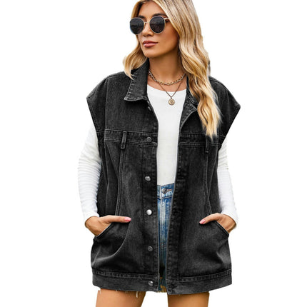 Women's Oversized Denim Vest Sleeveless Button Down Jean Jacket with Pockets