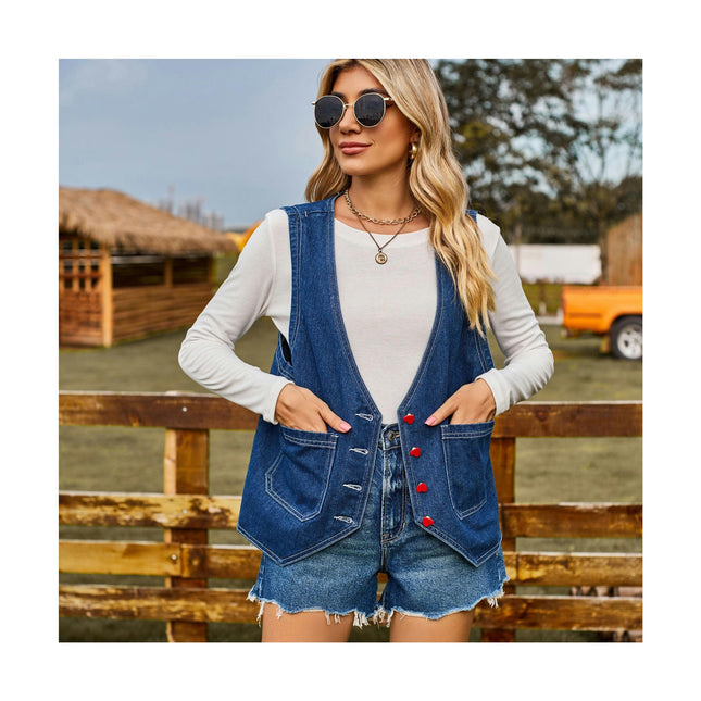 Women's Sleeveless Denim Vest V Neck Button Down Jean Waistcoat Jacket