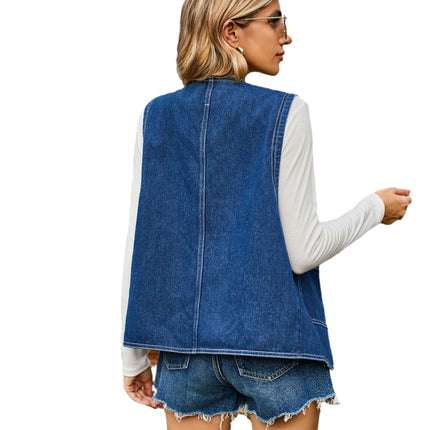 Women's Sleeveless Denim Vest V Neck Button Down Jean Waistcoat Jacket