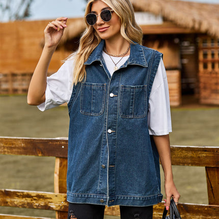 Women's Denim Vest Oversized Sleeveless Jean Jacket Button Down Casual Waistcoat