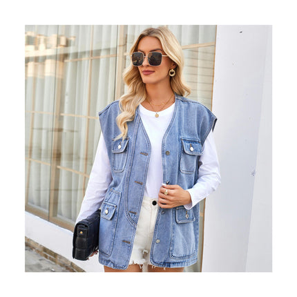 Women's Sleeveless Jean Jacket Button Down V-Neck Washed Denim Vests with Pockets