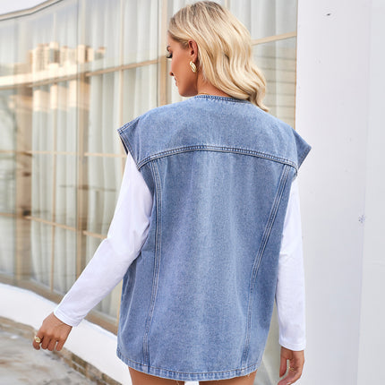 Women's Sleeveless Jean Jacket Button Down V-Neck Washed Denim Vests with Pockets